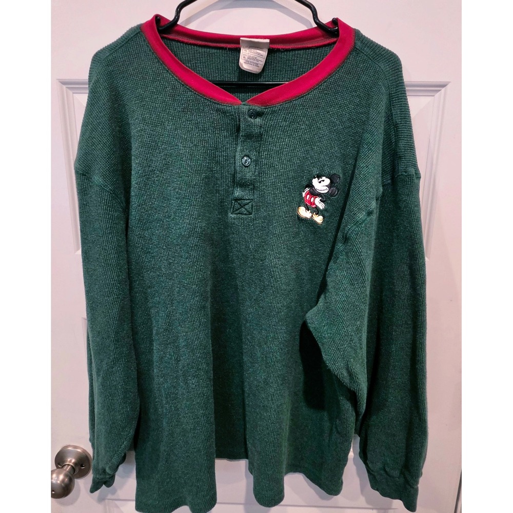 Disney Store Thermal Shirt Mens XL Green Cotton Waffle Knit Vintage Mickey Mouse